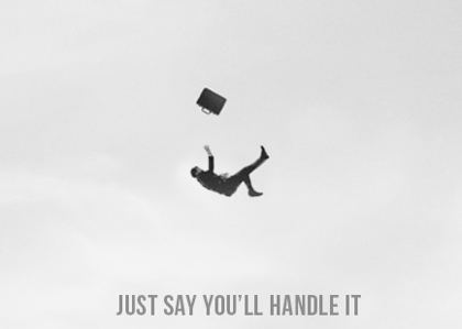 A man in a suit falling through the sky with his case