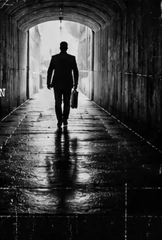 A man carrying a silver case walks away through a tunnel.