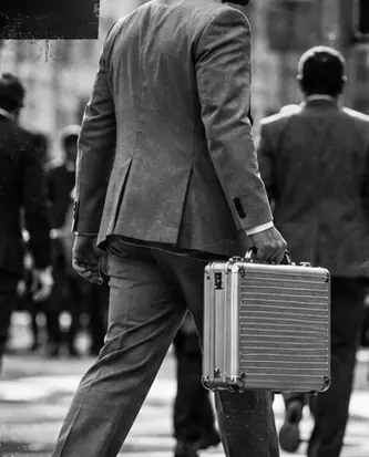 A man in a gray suit carries a silver case across a busy city street.