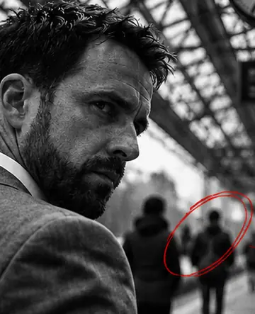 A man glances back in a crowded train station hall.